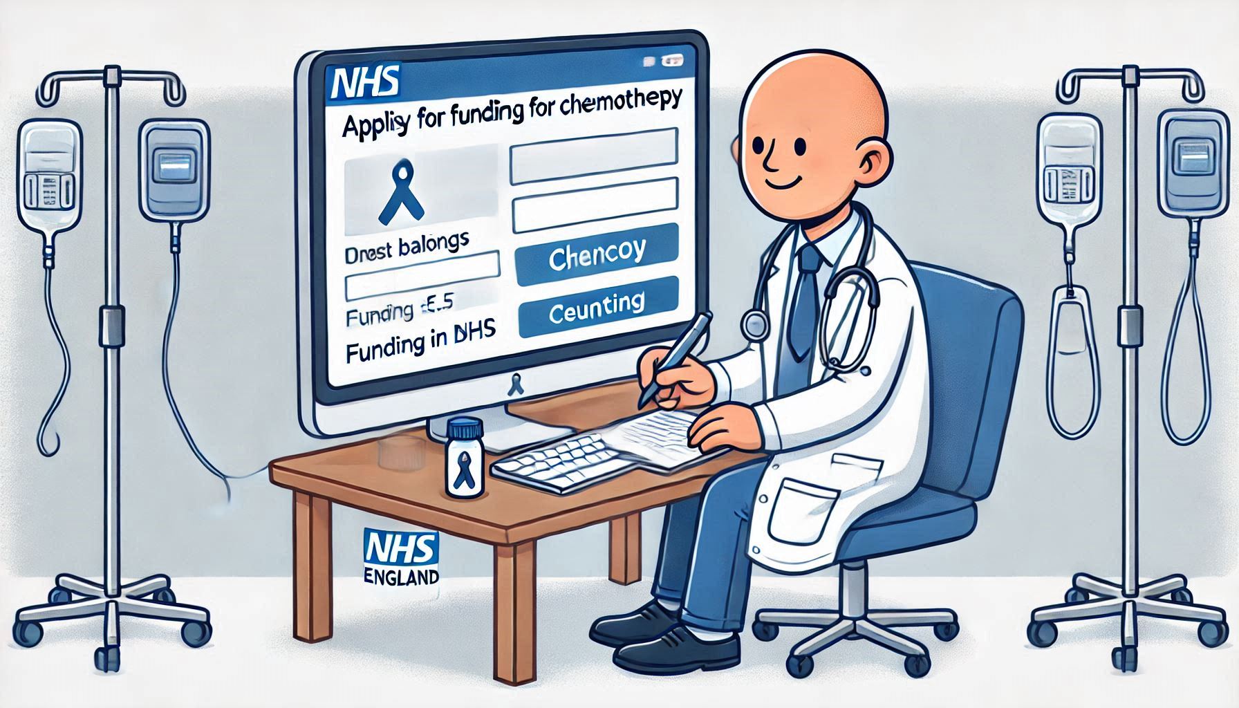 Cartoon of a doctor completing a NHS England Blueteq registration form to request chemotherapy funding.