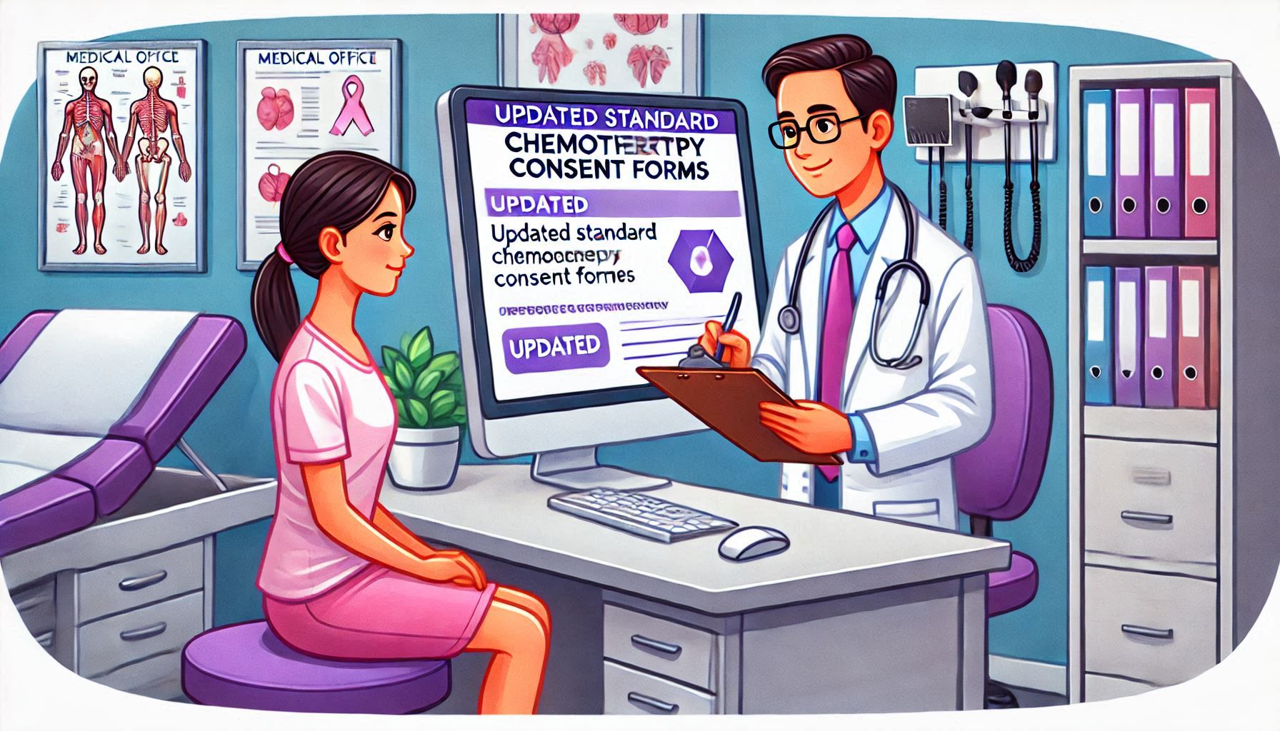 Cartoon of a doctor and patient completing a consent form. There is a computer form showing an updated consent form. The doctor is holding a clipboard