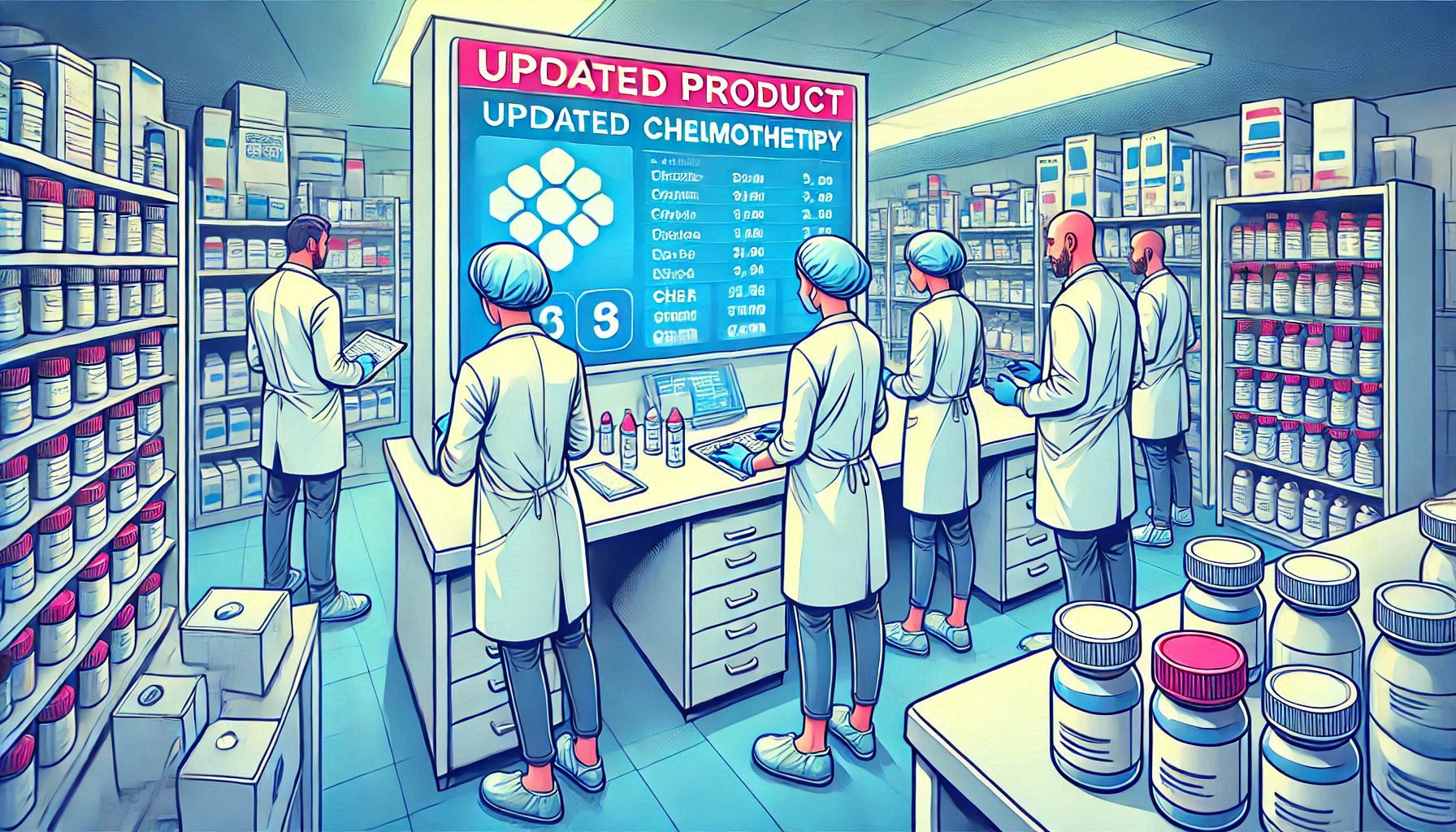 Cartoon of a group of pharmacy staff, with a large screen containing the words Updated Prouct, Updated Chemotherapy. Pharmacy staff are in clean room clothing. Numerous medicine bottles are on display.
